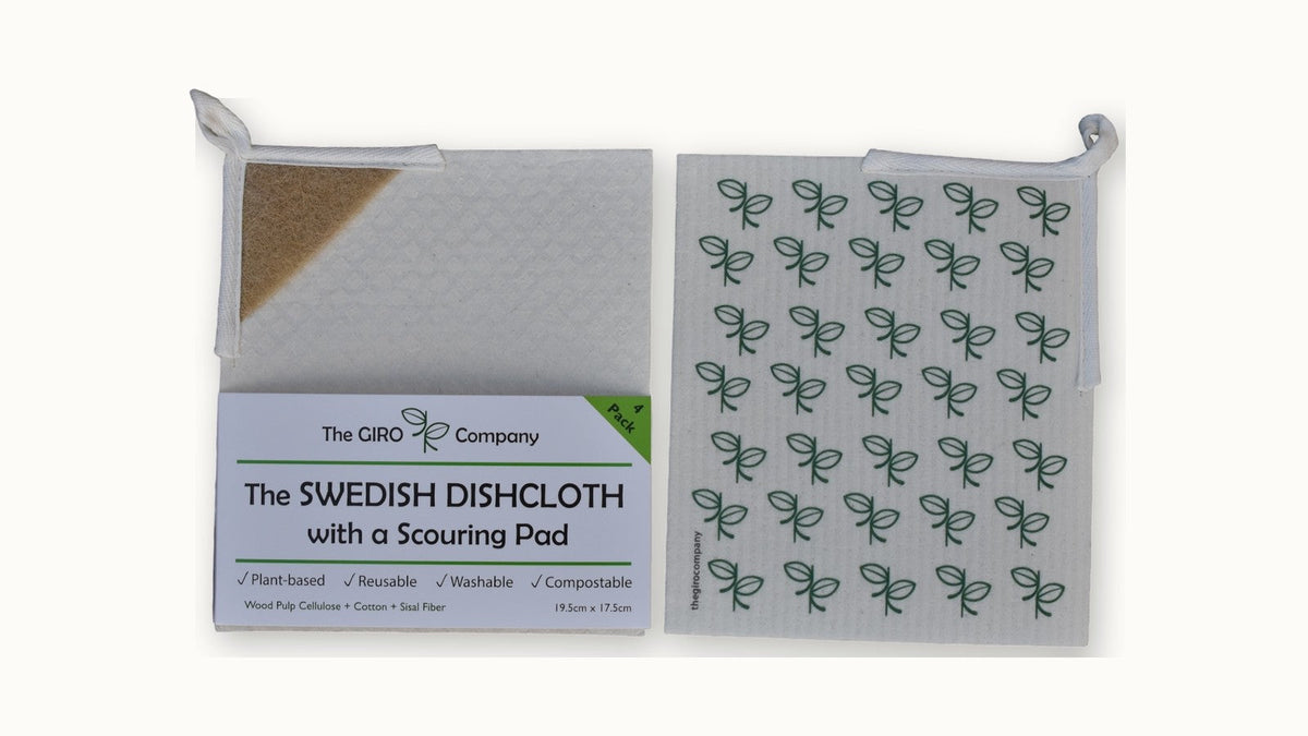Giro 4-pack Swedish dishcloth with Compostable claim and leaf-print cloth on clean background