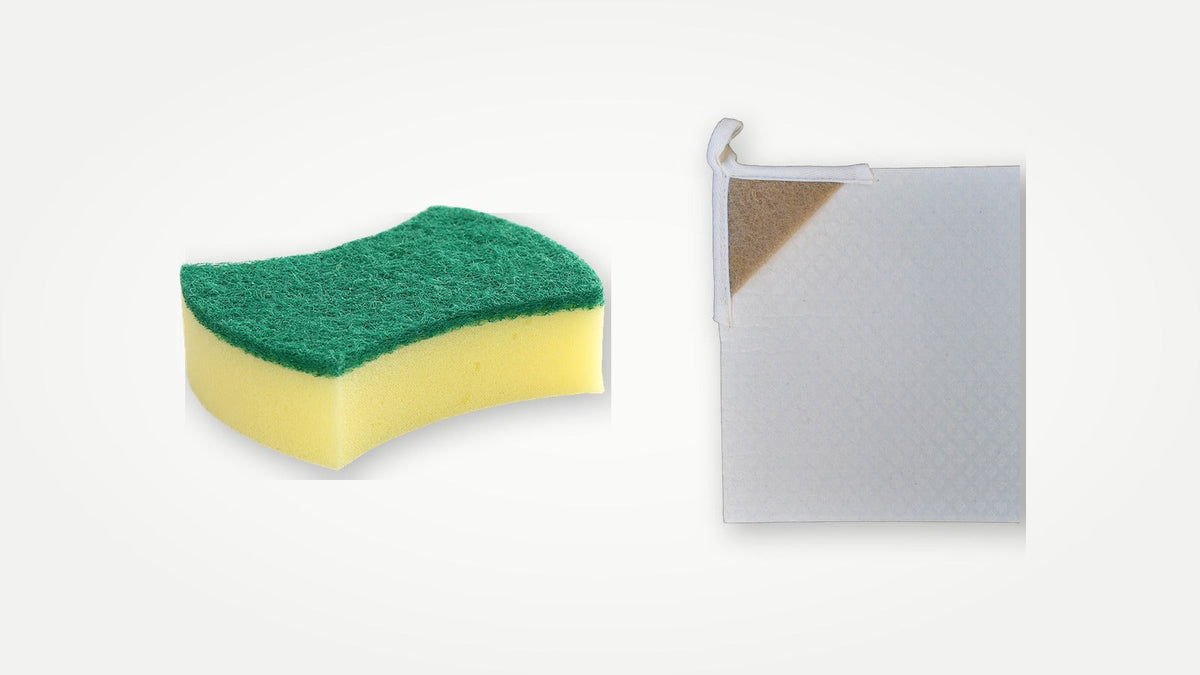 Kitchen sponge beside Giro Swedish dishcloth with sisal scrub corner — undistorted comparison